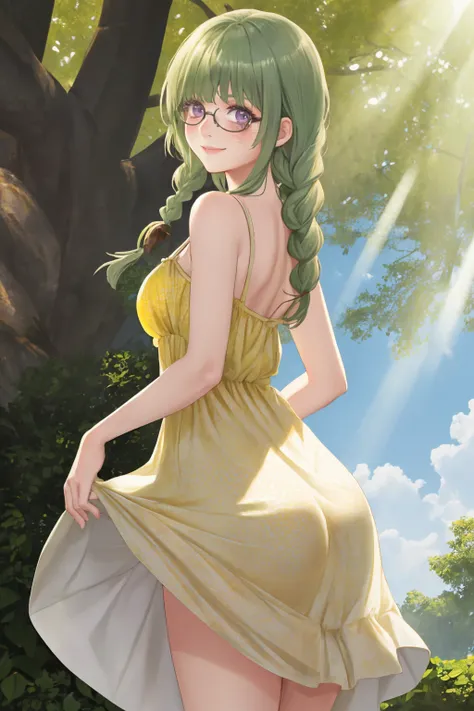 masterpiece, best quality, 1girl, (dappled sunlight:1.6), <lora:philiafelice-tod-richy-v1:1> philia, twin braids, hair ornament, glasses, looking back, looking at viewer, smile, blush, (yellow sundress:1.5), purple eyes, green hair, garden, dress lift, fan...