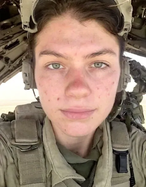 <lora:9C80E90E7D:1> imperfect selfie of a 23 year old fighter pilot in the desert standing by her F-35