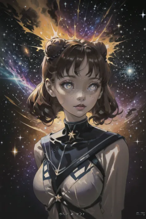 (best quality, masterpiece, highest detailed), comic cover art, poster art, <lora:Cute_paint-000003:.8>
1 girl, adult  woman, freckles, grey eyes, chestnut bun hair, ombre,
Style-GravityMagic, portrait, solo,  half shot, looking away, detailed background, ...