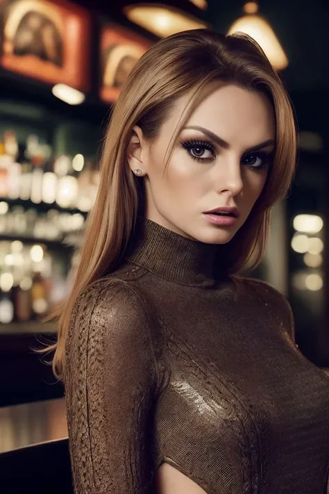 photo of S275_AlexandraStan,an attractive woman,in a (bar:1.1),wearing a (traditional-turtleneck-dress:1.1),(makeup),(4k, RAW photo, best quality, depth of field, ultra high res:1.1),(absurdres, intricate, photorealistic, masterpiece, ultra-detailed:1.1),