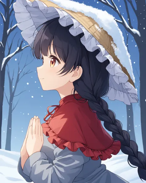 yatadera narumi,1girl, solo, snow, red_capelet, ajirogasa, grey_dress, twin_braids, own_hands_together, snowing, smile, long_sleeves, upper_body, clothes_writing, winter, closed_mouth, outdoors, tree, from_side, frills, profile, breath
<lora:yatadera_narum...