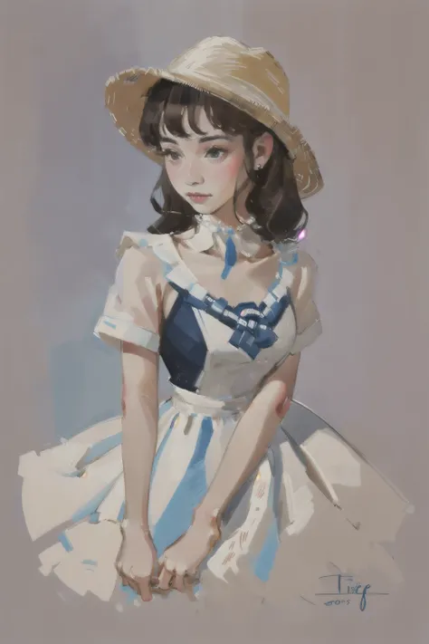 <lora:Cute_paint-000003:.8>
a painting of a woman wearing a hat and a dress with a blue stripe on its chest,dgital portrait, a digital painting, impressionism