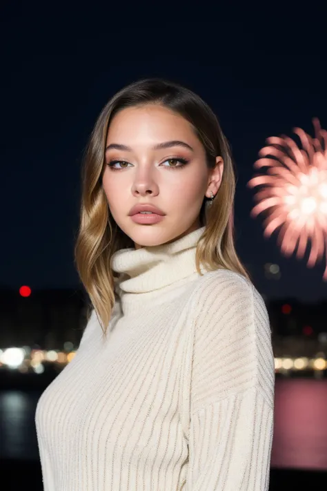 masterpiece, best quality, young woman ohwxmc, looking at viewer, new years eve party fireworks in background, wearing a turtleneck sweater <lora:Madelyn Cline:1>