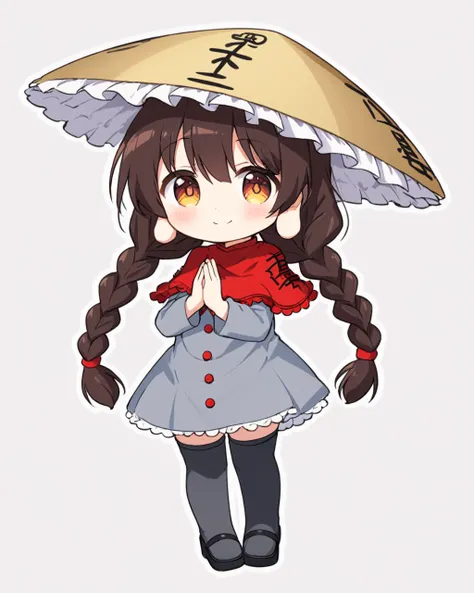 yatadera narumi,1girl, solo, ajirogasa, twin_braids, grey_dress, red_capelet, white_background, long_earlobes, simple_background, long_sleeves, smile, buttons, full_body, chibi, thighhighs, own_hands_together, blush, closed_mouth, clothes_writing, :>, palm...