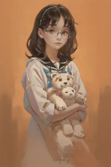 <lora:Cute_paint-000003:.8>
a painting of a girl with glasses holding a teddy bear in her arms , a digital painting,