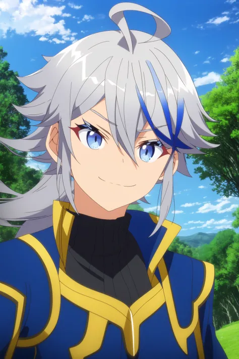 solo, Smile, bangs, blue eyes, hair between eyes, (long Very hair), Beautiful hair, blue hair, upper body, ahoge, grey hair, multicolored hair, outdoors, sky, day, cloud, Golden armor, tree, streaked hair, v-shaped eyebrows, parody