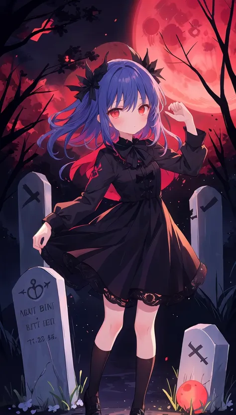 cute girl, dark, grave, funeral, red moon, aura