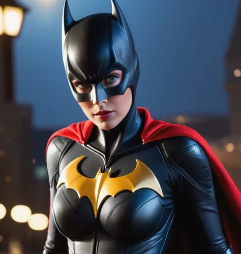 Charlize Theron, Batgirl hero costume suit armor, hair red, cape dark long, belt gold, bat mask dark, fight, night , moon, (hyper realistic:1.4), (realistic:1.3), (best quality real texture skin), full body, (Cinematic Light), highly detailed skin, skin po...