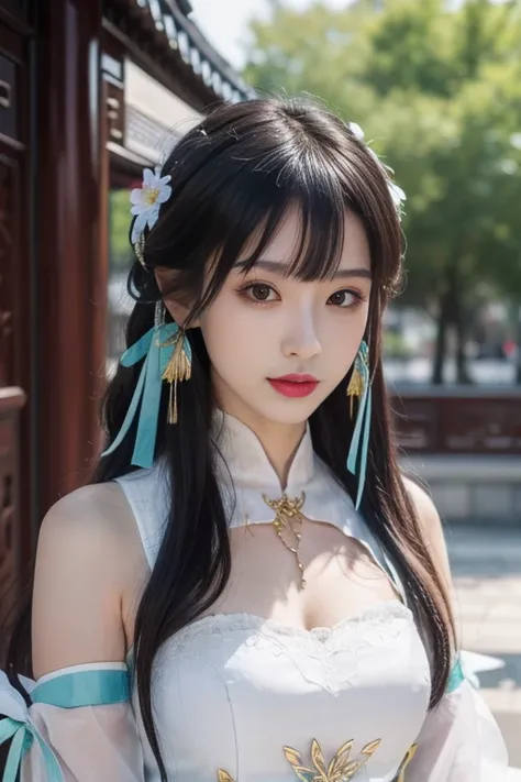ltra-detailed,highly detailed,best quality,masterpiece,illustration,realistic,photorealistic,
suwen, 1girl, solo, cosplay,
hanfu,chinese clothes, necklace,  bare shoulders, detached sleeves, long sleeves, detached collar,
hair ornament, hair ribbon, hair f...