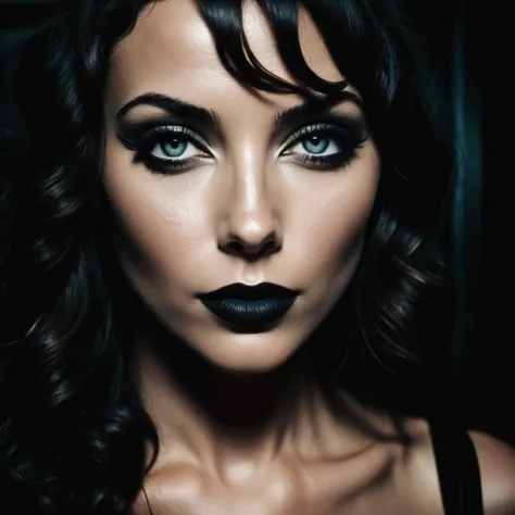 Film noir style A RAW photograph of a 31yo woman, moist eyes and lips. realistic tan skin, brunette, natural color lipstick, moist lips, (ultra fine lines and faded freckles), [long natural eyelashes], [sarcastic smile], (gothic and futuristic overtones), ...