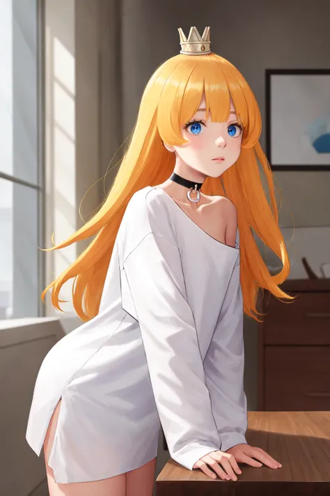 masterpiece, best quality, highres, 1girl mini crown, choker white shirt oversized shirt <lora:goumon_hime:1> leaning forward
