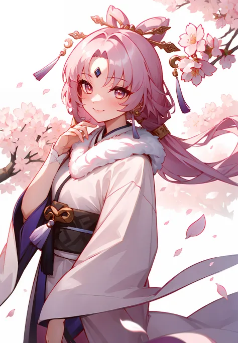 ((masterpiece,best quality)), 1girl, fuxuan, long kimono, long sleeves, fur trim, smile, petals, cherry blossoms, simple background,