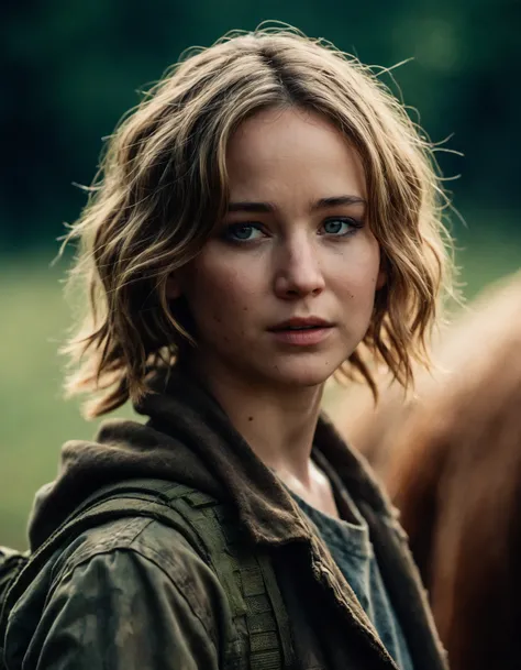 cinematic photo a compassionate ((ohwx woman)) As Clementine from The Walking Dead, offering solace to a fellow survivor, the weight of the world evident in her young eyes., Hair short and practical, symbolizing her adaptation to a world gone mad.,<lora:la...