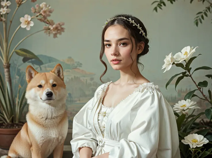masterpiece,best quality,1girl,solo,portrait,sit,(looking at viewer),renaissance,flower,white dress,plant,simple background,<lora:tiger_v01_02:0.8>,animalstyle,(a woman and a shiba dog),