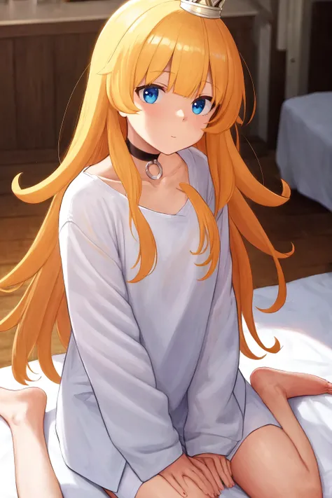 masterpiece, best quality, highres, 1girl mini crown, choker white shirt oversized shirt <lora:goumon_hime:1> sitting, wariza, arm support