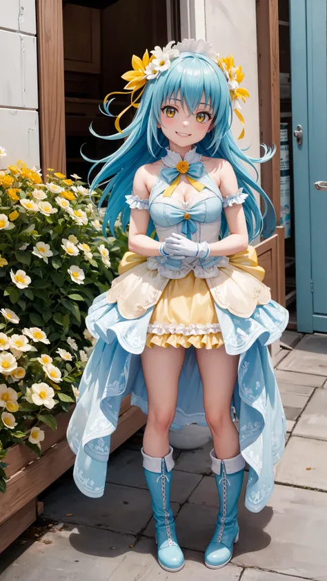 (masterpiece,  best quality),  ray tracing,  absurdres,  HDR,  rimuruparty,  rimuru tempest,  1girl,  light blue hair,  yellow eyes, breasts, , long hair,  flower,  hair ornament,  hair flower,  smile,  boots,  gloves,  looking at viewer,  bangs,  dress,  ...