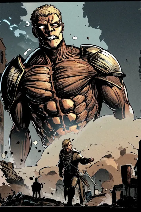(masterpiece, highres, detailed),full body,fantasy,<lora:wkstyle>,wkstyle,<lora:AttackTitan:0.7>, Armored Titan,muscular,giant,size ratio,short hair,blonde,building,teeth,armor on body,armor on face,light in eyes,steam and smoke,head to knees,red muscles,