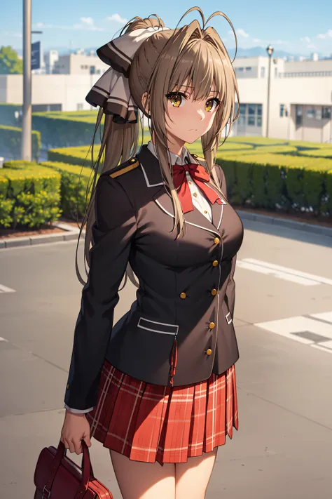 best quality, masterpiece, detailed,
<lora:AmagiBrilliantPark_SentoIsuzu:0.9>, SentoIsuzu,
solo, closed mouth,
brown hair, brown eyes, long hair, antenna hair, ponytail, hair bow,
SentoSchoolUniform, school uniform, black blazer, red skirt,
standing, looki...