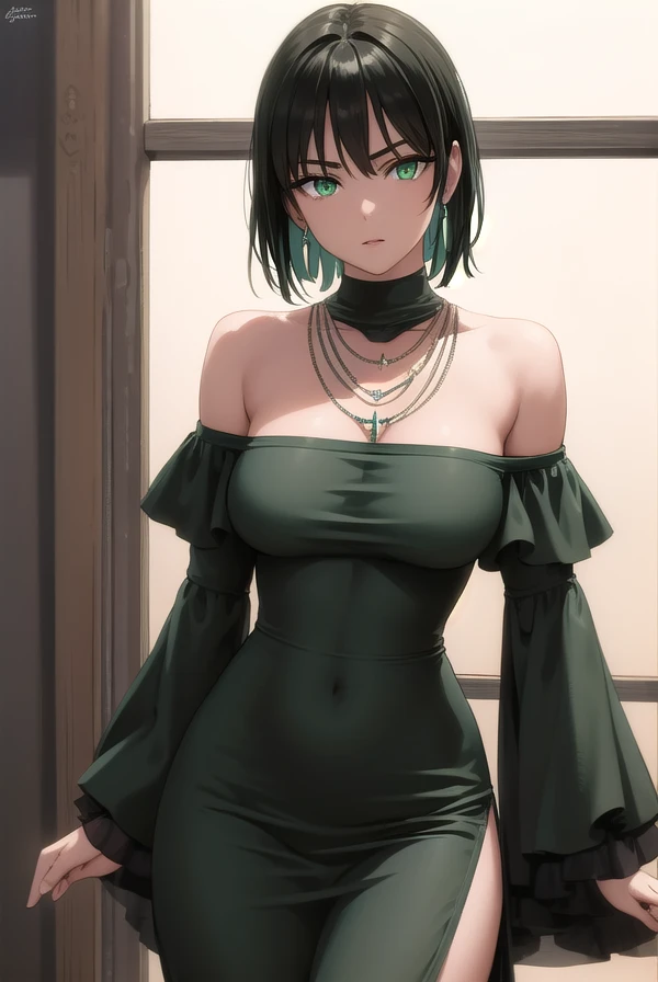fubuki, <lora:opm fubuki manga-lora-nochekaiser:1>,
fubuki, black hair, (green eyes:1.5), short hair,
BREAK black dress, dress, fur coat, high collar, jewelry, necklace, off shoulder, taut clothes, taut dress,
BREAK outdoors,
BREAK looking at viewer, (cow...