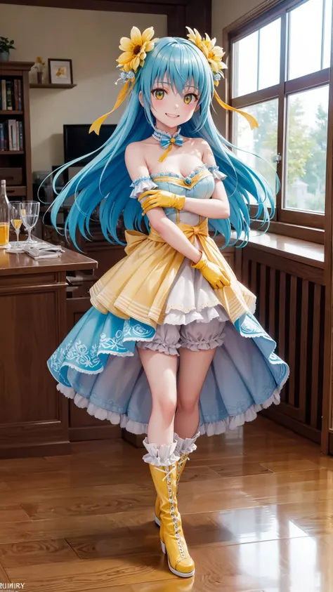 (masterpiece,  best quality),  ray tracing,  absurdres,  HDR,  rimuruparty,  rimuru tempest,  1girl,  light blue hair,  yellow eyes, breasts, , long hair,  flower,  hair ornament,  hair flower,  smile,  boots,  gloves,  looking at viewer,  bangs,  dress,  ...