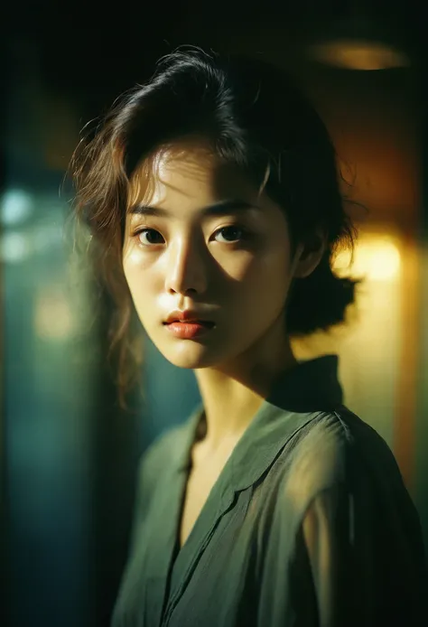 RAW photograph, a mysterious Korean woman, beautiful, flat lighting, cinematic lighting, F/1.8, dark hue, short exposure, play of light, Kodak UltraMax 400, Orton effect, intentional camera movement, still, hard light, 8k, masterpiece, 35mm photograph, dee...