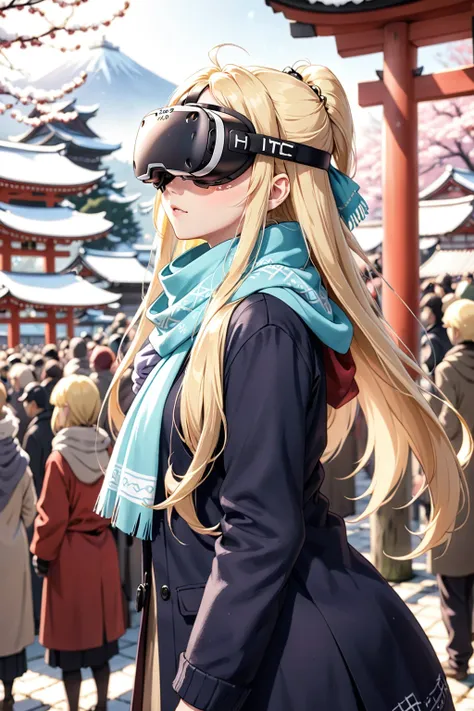 anime, pastel colors, girl, wearing (vr goggle:1.2), HTC Vive, blonde hair, long hair, winter clothes, scarf, Shinto shrine, bokeh, depth of field, crowds