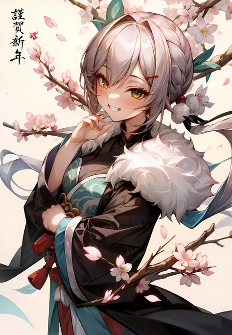 ((masterpiece,best quality)), 1girl, qingque, black long kimono, long sleeves, fur trim, floral print, grin, petals, cherry blossoms, simple background,