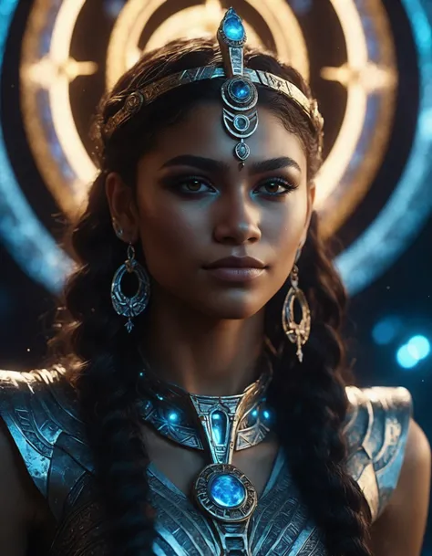 cinematic photo hyper realistic closeup portrait painting, beautifully rendered, ((ohwx woman)) as an Shiva goddess, halo ring of light, astral artfact, nebula in the background, painted by greg rutkowski, wlop, artgerm, dishonored 2 <lora:zendaya_dh128_...