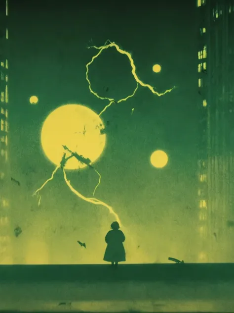 style sqrhmmr, a Metropolis (1927 film) minimalism silhouette painting of your overweight mom glowing yellow in green tint while her (gravitational pull:1.2) is laying waste to a supermarket, epic destruction, planetary misalignment, <lora:- SDXL - sqrhmmr...