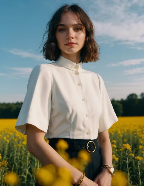 cinematic photo RAW candid cinema, (((ohwx woman))) portrait in a field, 16mm, ((remarkable color)), (ultra realistic) <lora:myers__dh_128_sdxl_v1b:1.05> . 35mm photograph, film, bokeh, professional, 4k, highly detailed