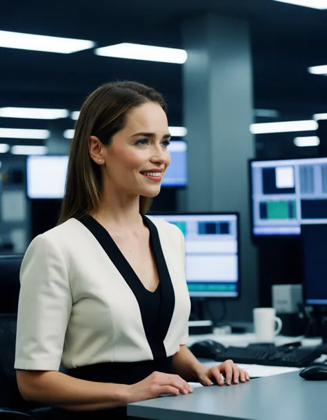 cinematic photo analog style, a movie still of gorgeous (((ohwx woman))) in the Tv series The Office, (makeup:0.6), office background, ((high detailed skin, skin details)), sharp focus, volumetric light, hd, high quality, film grain, Sony F900 <lora:emil...