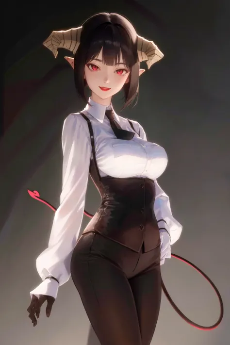 masterpiece, best quality, highres, 1girl horns short hair demon tail, white shirt black ascot black gloves black pants black vest <lora:goumon_torture:1> hand on hip, smile, simple background