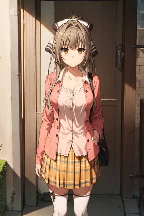 best quality, masterpiece, detailed,
<lora:AmagiBrilliantPark_SentoIsuzu:0.9>, SentoIsuzu,
solo, closed mouth,
brown hair, brown eyes, long hair, antenna hair, ponytail, hair bow,
SentoCasual, pink jacket, orange skirt, open clothes, collarbone, pink shirt...