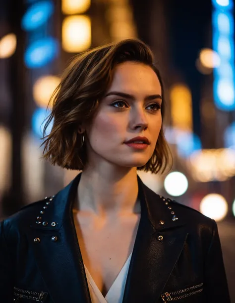 cinematic photo professional fashion close-up portrait photography of a beautiful (((ohwx woman))) in the city at night, Nikon Z9, bokeh <lora:daisy_dh128_lora_v2b:1> . 35mm photograph, film, bokeh, professional, 4k, highly detailed
