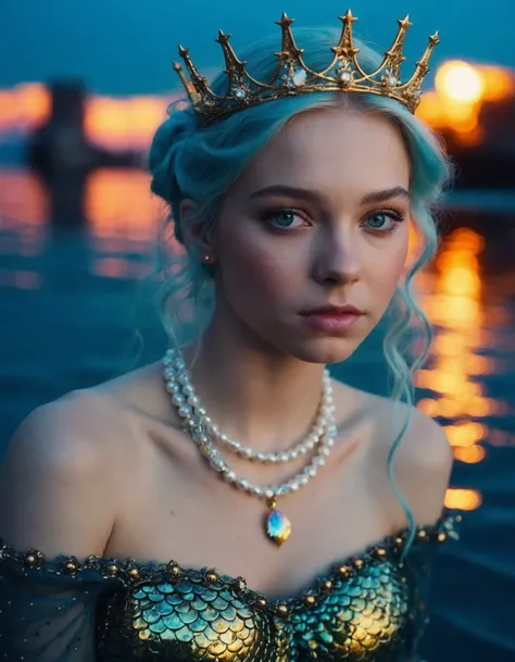 cinematic photo (((ohwx woman))) portrait, fantasy, mermaid, hyperrealistic, game character, underwater, highly detailed, sharp focus, cinematic lighting, pearls, glowing hair, shells, gills, crown, water, highlights, starfish, jewelry, realistic, digital ...
