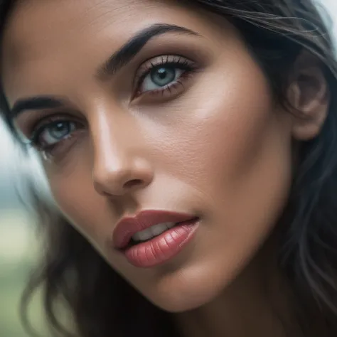 Dreamscape A RAW photograph of a beautiful 38yo woman, moist eyes and lips. realistic tan skin, brunette, wet natural light color lipstick, plump moist lips, plump upper lip, ultra fine lines and (faded freckles), [long natural eyelashes], [Caucasian nose,...