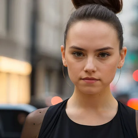 <lora:daisyrdl 2.0:1> daisyrdl,hair bun,serious,close-up,wearing black dress,canon powershot,masterpiece,city street,bokeh,extreme dof,highly detailed,8k,uhd,soft lighting