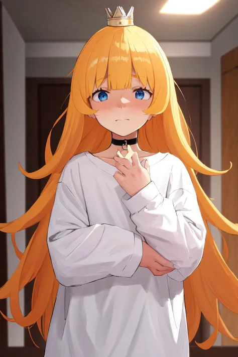 masterpiece, best quality, highres, 1girl mini crown, choker white shirt oversized shirt <lora:goumon_hime:1> scared