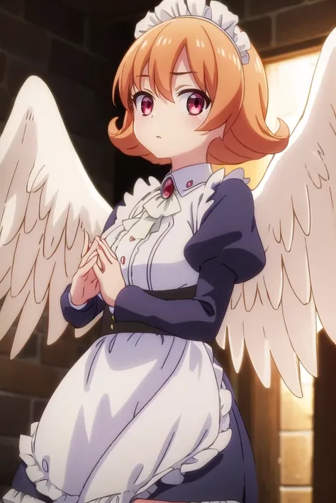 meidri, <lora:meidri s1-lora-nochekaiser:1>,
meidri, short hair, bangs, (red eyes:1.3), orange hair, flipped hair,
BREAK long sleeves, dress, jewelry, frills, wings, puffy sleeves, apron, maid, maid headdress, thigh strap, juliet sleeves, brooch, white apr...