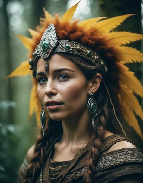 cinematic photo A closeup portait of (((ohwx woman))) an ancient druid made of bark, she live hidden in the vegetation of a forgotten forest, highly detailed painting, by Artgerm and Raphael Lacoste <lora:emilia_dh128_lora_v2:1> . 35mm photograph, film, ...