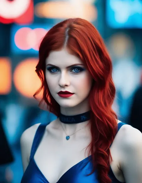 cinematic photo (full height:1.3), a mesmerizing (((ohwx woman)))  As Mystique from X-Men, in her signature blue skin and red hair, against a backdrop of X symbols and fellow mutants., inspired by Krenz Cushart, neoism, kawacy, wlop, gits anime, Her fiery,...
