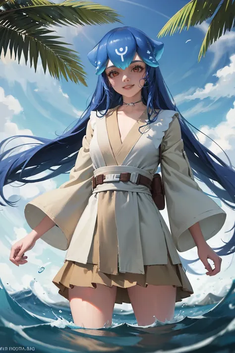 masterpiece, best quality, absurdres, 1girl, solo, JediOutfit, robe, belt, bao (vtuber), long hair, smile, water, wading, <lora:JediOutfit:1>, <lora:vtuber_bao:1.0>