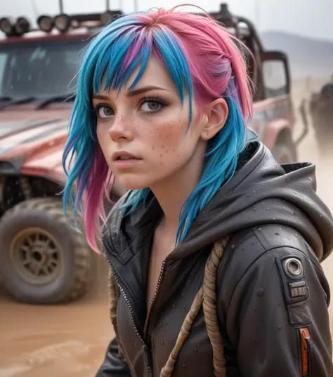 18 year old,
sweaty from the heat of the desert,
thirsty and dehydrated like in a mad max scene,skinny ,
wrapped,
sunburn,( tanlines:1.4), freckles,
cloudy rain, refreshing precipitation,
(Mad Max Girl:1.3), (Rally Dakar:1.1), mechanics girl with oil blobs...