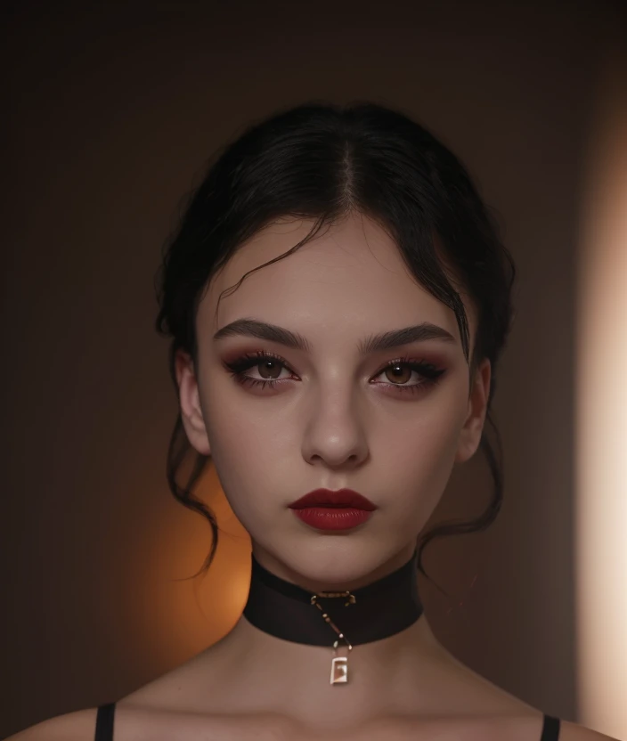 d3vcas looking at viewer, simple background, black hair, closed mouth, choker, black eyes, lips, makeup, black choker, portrait, Ultra-HD-details