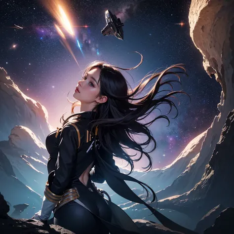 (masterpiece:1.3), (best quality:1.2), 8k, unity 8k wallpaper, (extremely detailed:1.3), highestres, highres, Amazing, illustration, beautiful studio soft light, 1girl, solo, skinny beautiful girl, (Starfleet in the depths of the galaxy:1.3), light particl...
