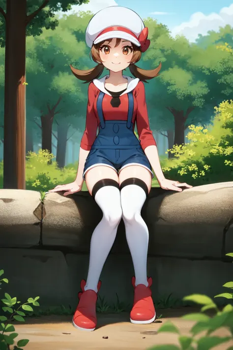 anime girl sitting on a stone wall in a park