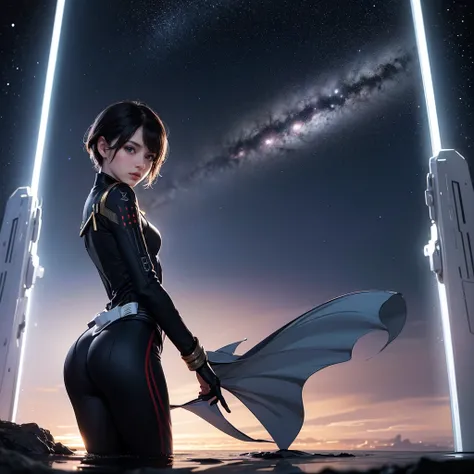 (masterpiece:1.3), (best quality:1.2), 8k, unity 8k wallpaper, (extremely detailed:1.3), highestres, highres, Amazing, illustration, beautiful studio soft light, 1girl, solo, skinny beautiful girl, (Starfleet in the depths of the galaxy:1.3), light particl...