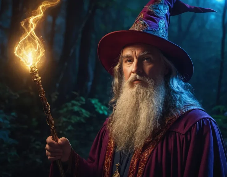 a wizard with a glowing staff and a glowing hat, colorful magic, dramatic atmosphere, sharp focus, highly detailed, cinematic, original composition, fine detail, intricate, elegant, creative, color spread, shiny, amazing, symmetry, illuminated, inspired, p...