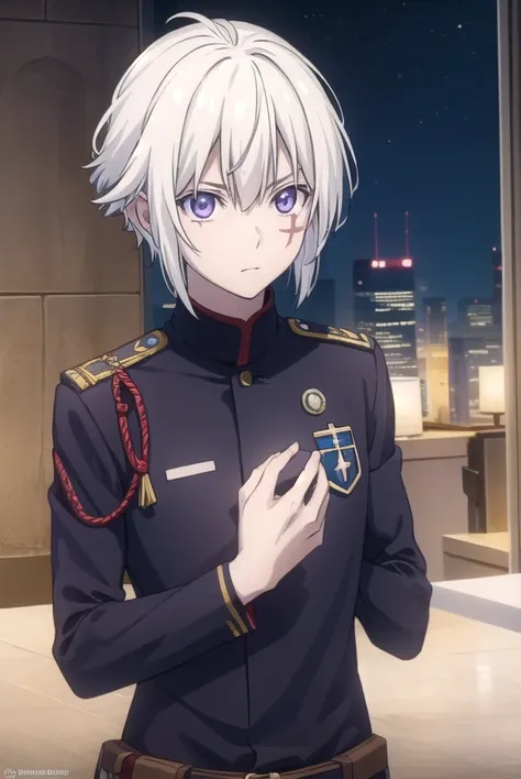 allenwalker, <lora:allen walker hallow s1-lora-nochekaiser:1>,
allen walker, (purple eyes:1.1), white hair, male focus, scar, facial mark,
BREAK uniform, military, military uniform,
BREAK outdoors, city, starry sky, night, moon,
BREAK looking at viewer, (c...