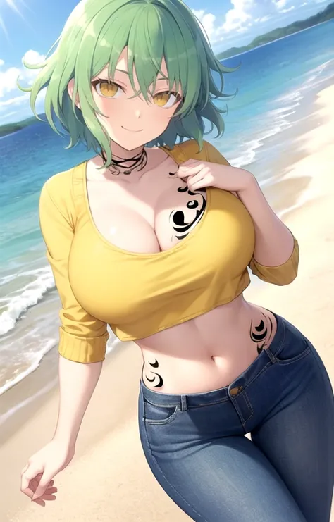 masterpiece, best quality, best aesthetic, anime, ultra detailed, hikage_sk, 1girl, solo, cleavage, (tattoo, breast tattoo:1.2), (large breasts:1.2), (wide hips:1.2), (smile, closed mouth:1.2), cowboy shot, looking at viewer, outdoors, beach, day, (blue pa...